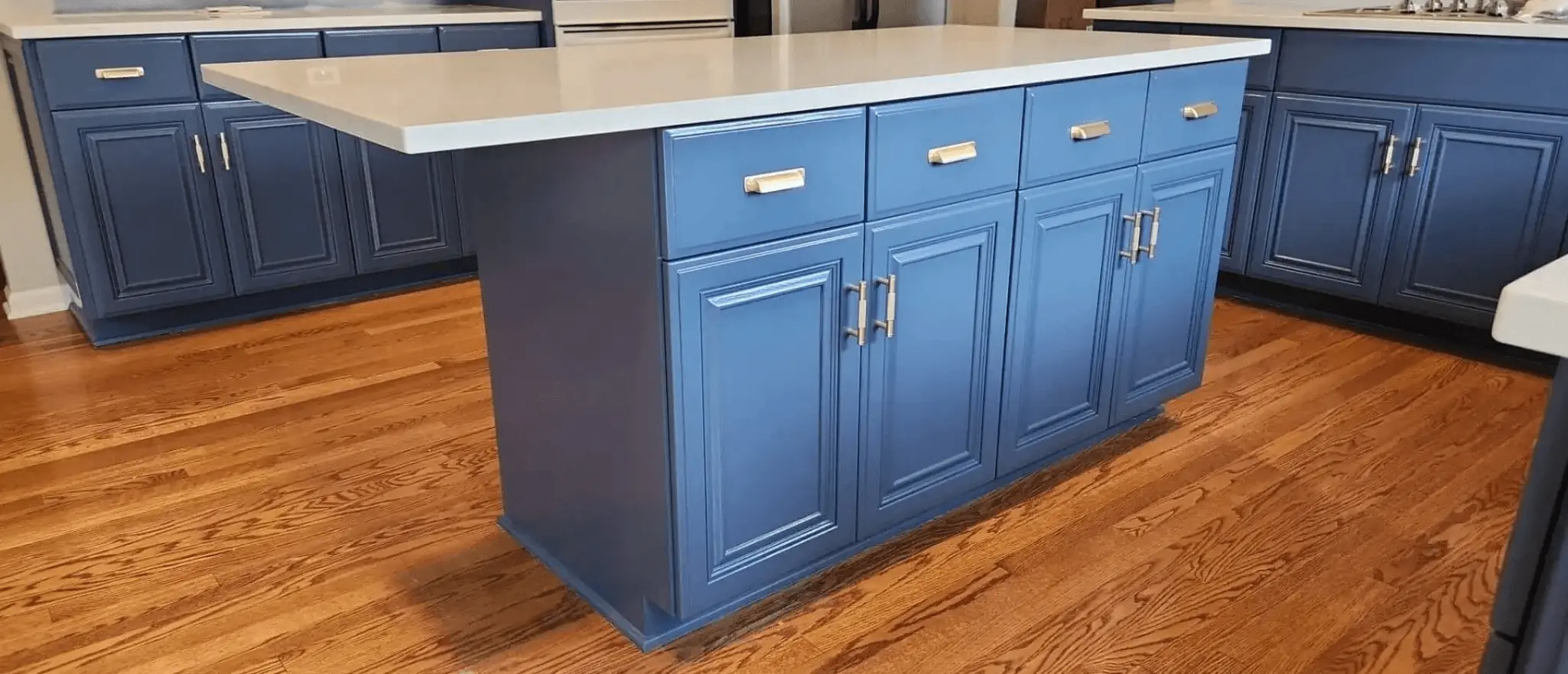 Professional painting project — Blue Kitchen Island Cabinets