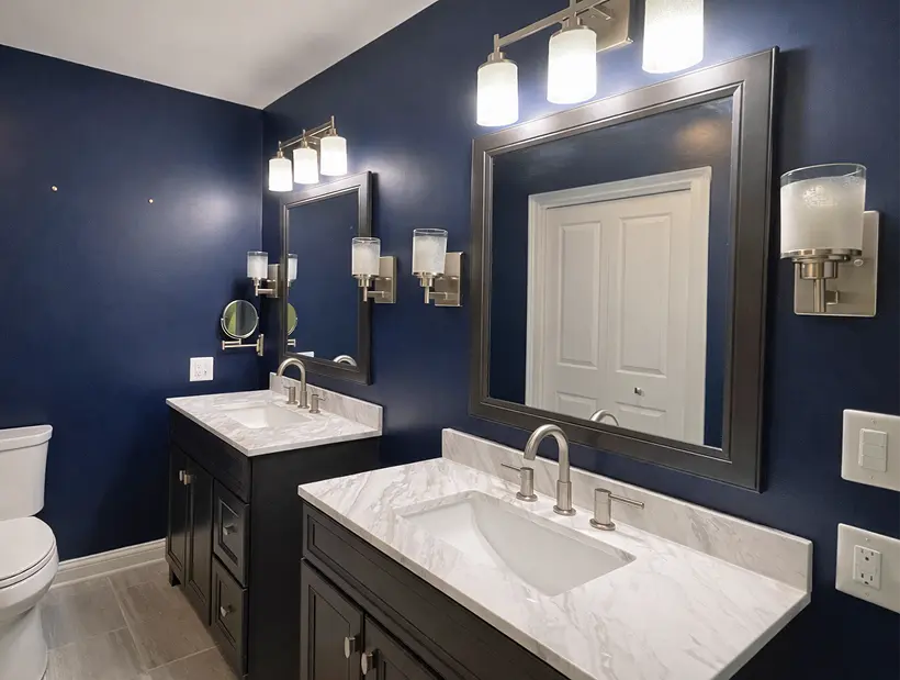 Professional painting project — Navy Blue Double Vanity Bathroom